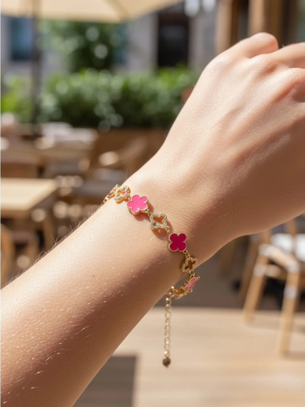 8/21 Gold Bracelet with Pink Clover Charm
